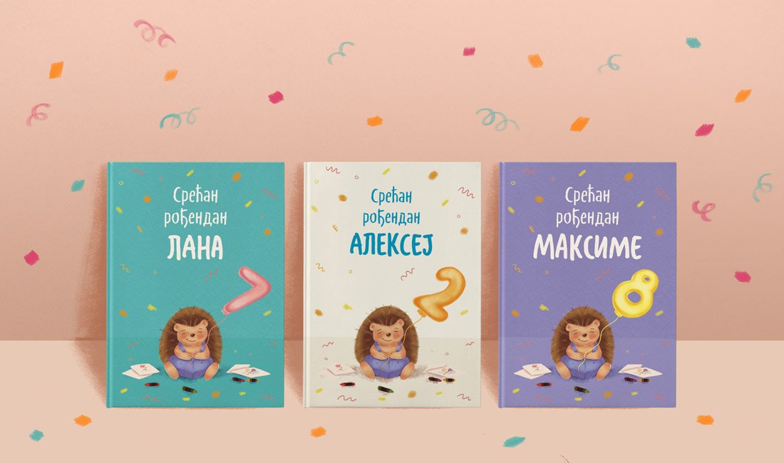 Naslovne strane 3 personalizovane knjige Srećan rođendan u različitim bojama